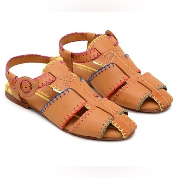 NEW Farm Rio caramel palm tree Whipstitch vegan flat buckle sandals 6 - Picture 1 of 11